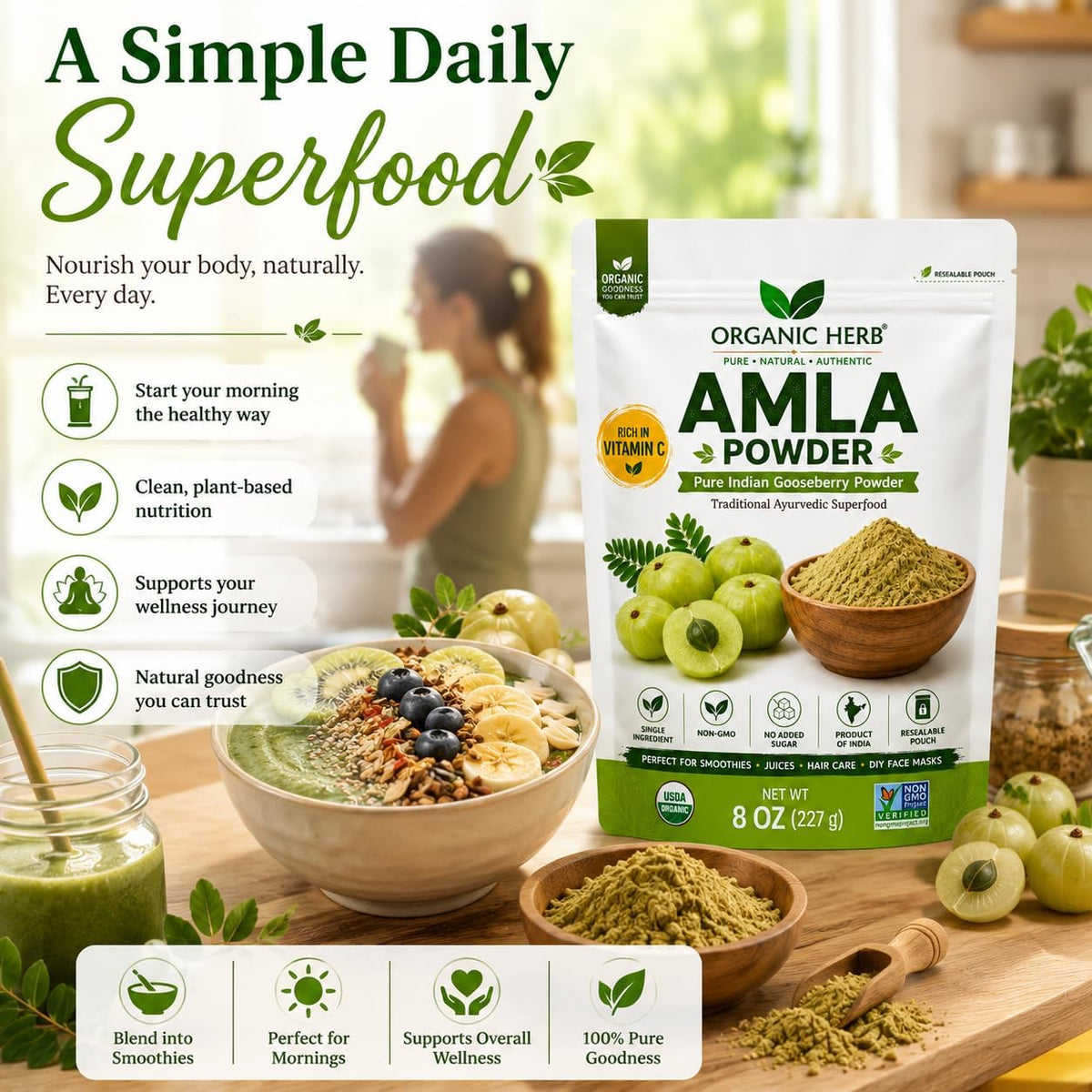 Organic Amla Powder - Pure Indian Gooseberry Vitamin C Supplement for Immune Support and Skin Health - 227 g - görsel 7