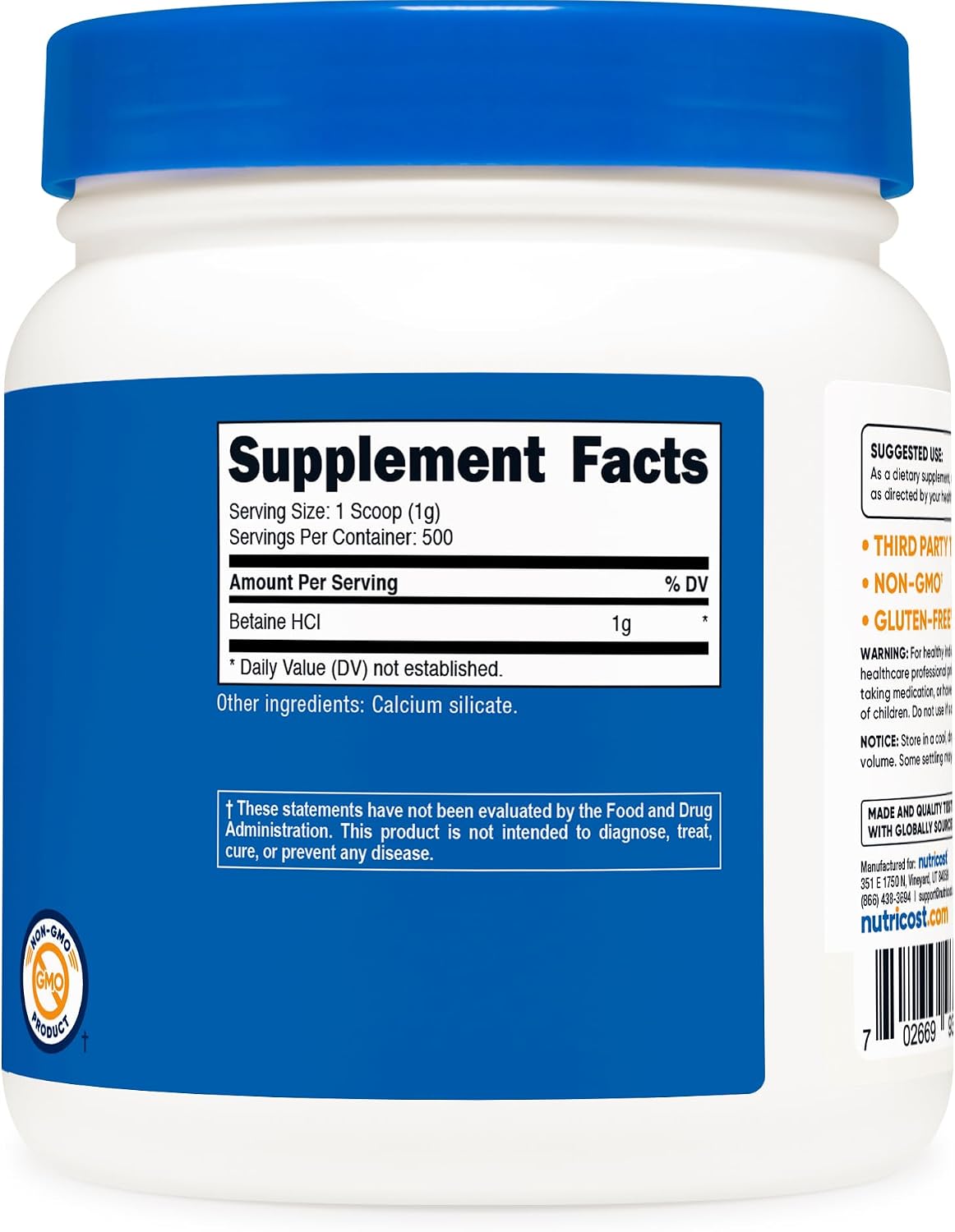 Nutricost Betaine HCl Powder – 500 g, Gluten-free, Non-GM - görsel 5