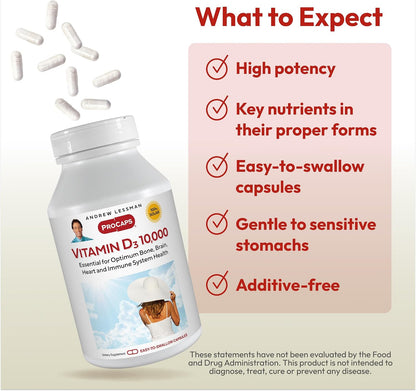 ANDREW LESSMAN Vitamin D3 10,000 IU 180 Capsules – High Potency for Bone, Brain & Immune Support, Small Easy-to-Swallow Capsules