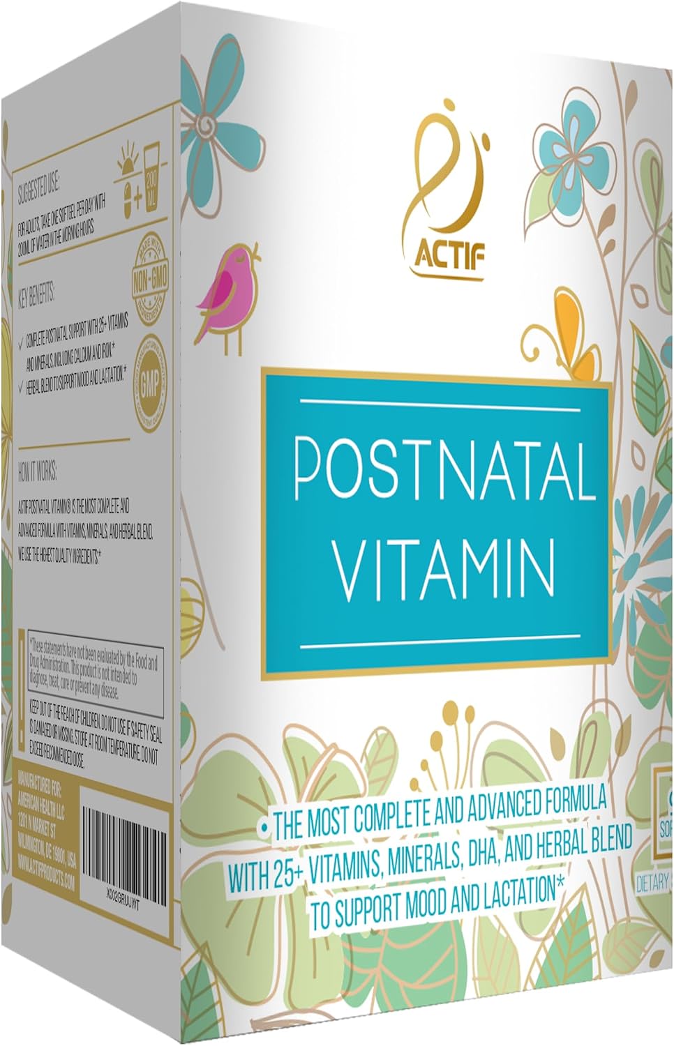 Actif Organic Postnatal Vitamin with 25+ Organic Vitamins and Organic Herbs, Breastfeeding and Lactation Supplement, Non-GMO, Made in the USA, 90 Capsules - görsel 3