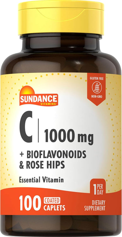 Sundance Vitamin C 1000mg with Rose Hips & Bioflavonoids | 100 Coated Caplets | Vegetarian, Non-GMO and Gluten-free Supplement