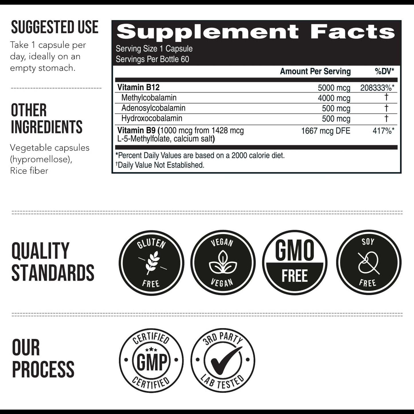 BioActive Vitamin B12 - 5000 µg with Methylfolate - 3 BioActive Forms - Vegan, Non-GM (60 Servings) - görsel 7