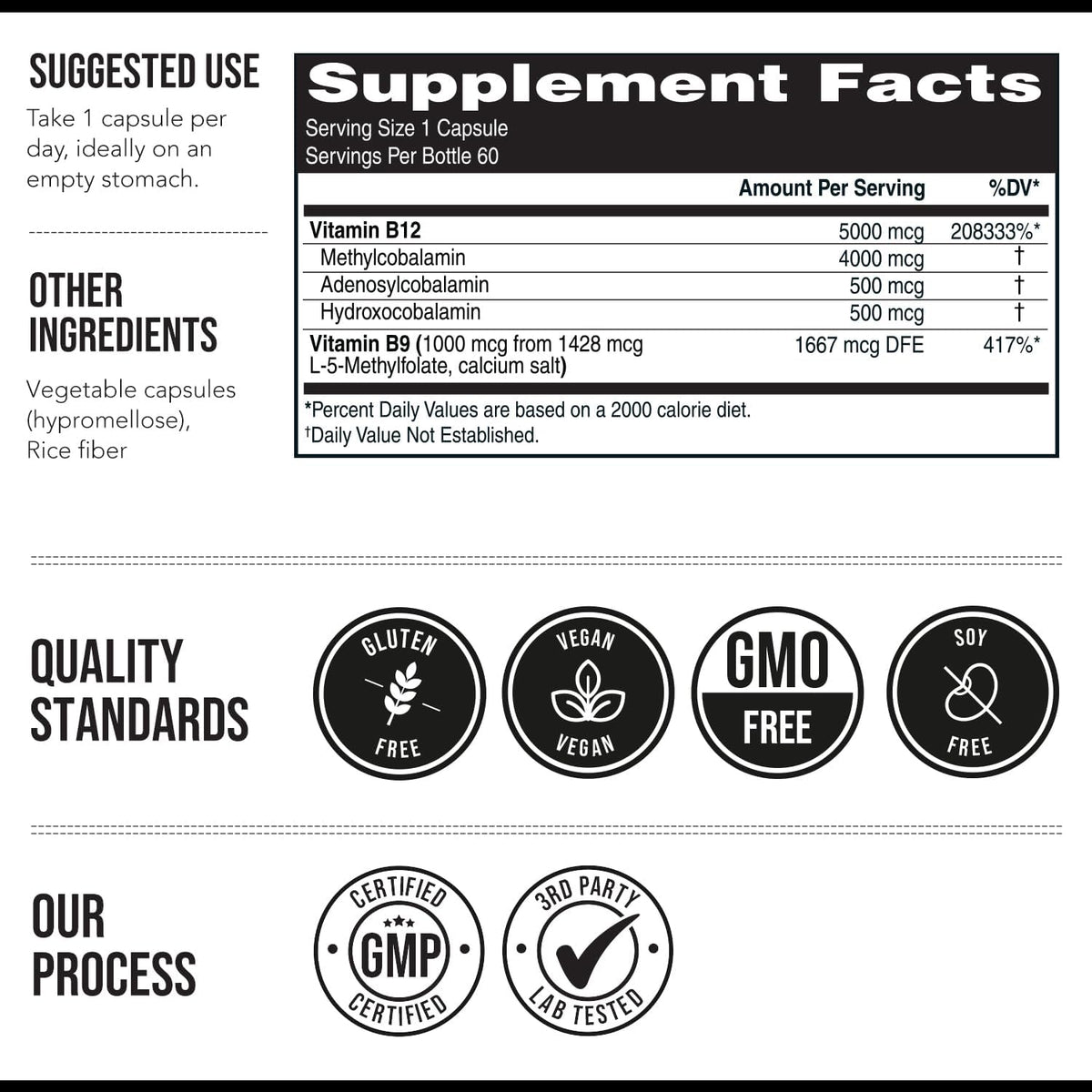 BioActive Vitamin B12 - 5000 µg with Methylfolate - 3 BioActive Forms - Vegan, Non-GM (60 Servings) - görsel 7