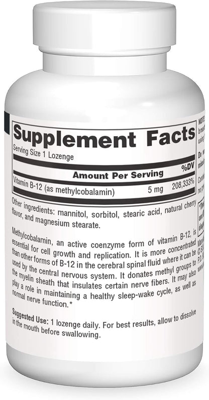 Source Naturals Methylcobalamin Vitamin B-12 5mg Cherry Flavoured Lozenges - 60 Count
