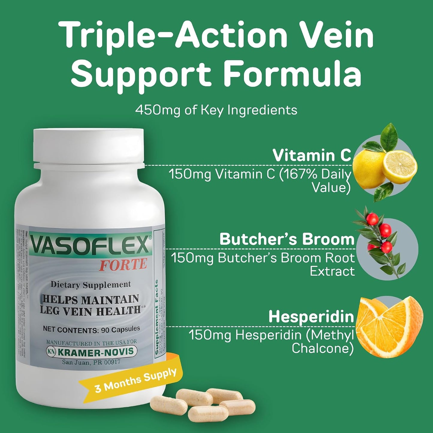 Vasoflex-Forte Leg Vein Health Supplement – Butcher's Broom, Hesperidin & Vitamin C – 90 Capsules - görsel 2