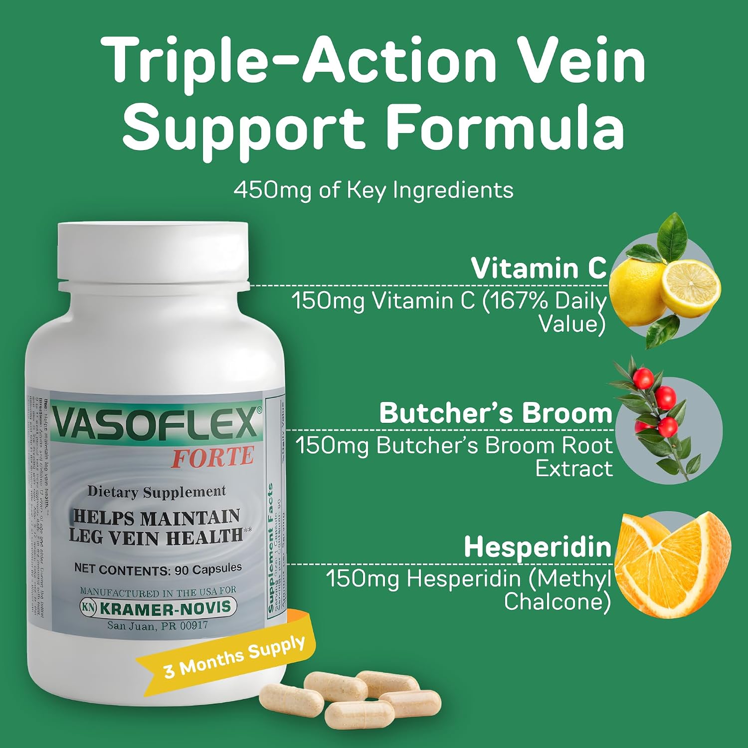 Vasoflex-Forte Leg Vein Health Supplement – Butcher's Broom, Hesperidin & Vitamin C – 90 Capsules - görsel 2