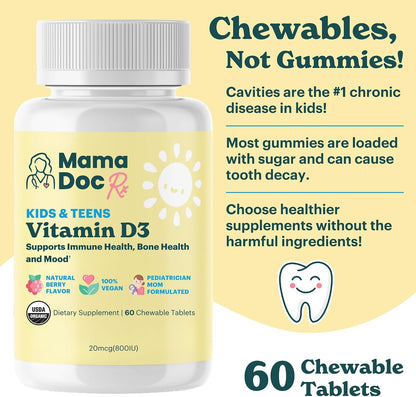 MamaDoc Rx Certified Organic Children & Teens Vitamin D3 Chewables - 800 IU - Sugar Free - Vegan