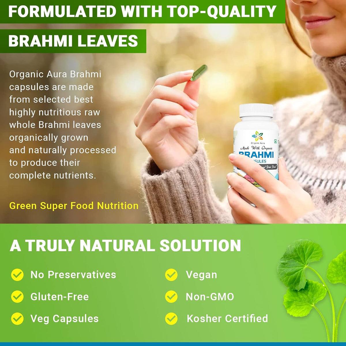 Organic Aura Brahmi Capsules (120 Capsules) - Whole Green Superfood, Non-GM, Gluten-free – Image 5