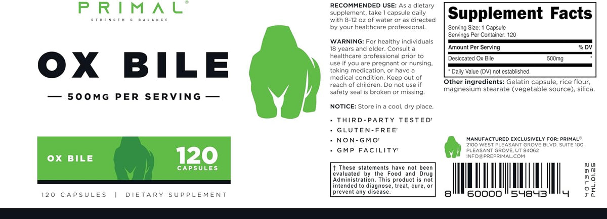Primal Ox Bile (120 Capsules, 500 mg per Serving) - Gluten-Free, Non-GM, Independently Tested - görsel 5