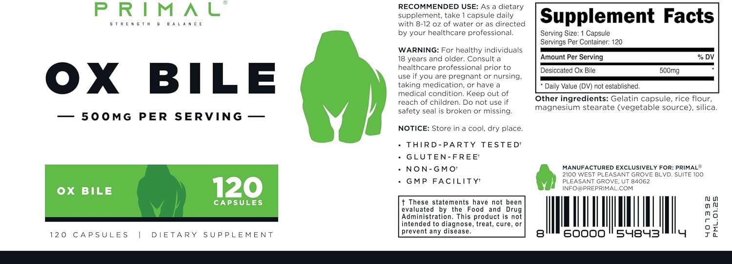 Primal Ox Bile (120 Capsules, 500 mg per Serving) - Gluten-Free, Non-GM, Independently Tested - görsel 5