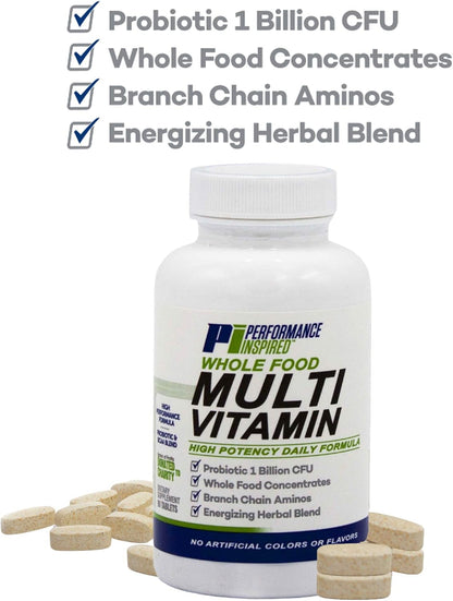 Performance Inspired Nutrition Whole Food Multi Vitamin with Probiotics, BCAAs, and Herbal Complex – 90 Tablets