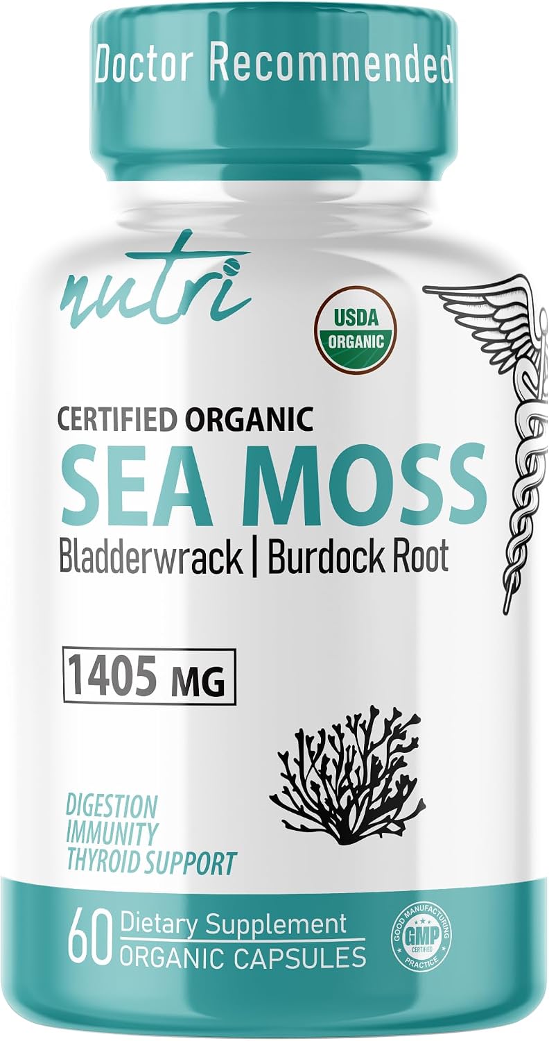 Nutri Certified Organic Sea Moss Capsules – 1405mg Sea Moss Complex with Burdock Root, Bladderwrack & Black Pepper, Non-GMO, 60 Capsules - görsel 1