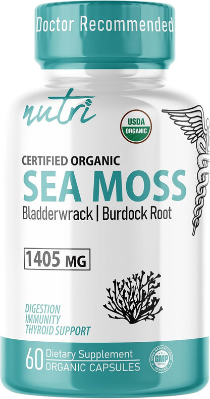 Nutri Certified Organic Sea Moss Capsules – 1405mg Sea Moss Complex with Burdock Root, Bladderwrack & Black Pepper, Non-GMO, 60 Capsules