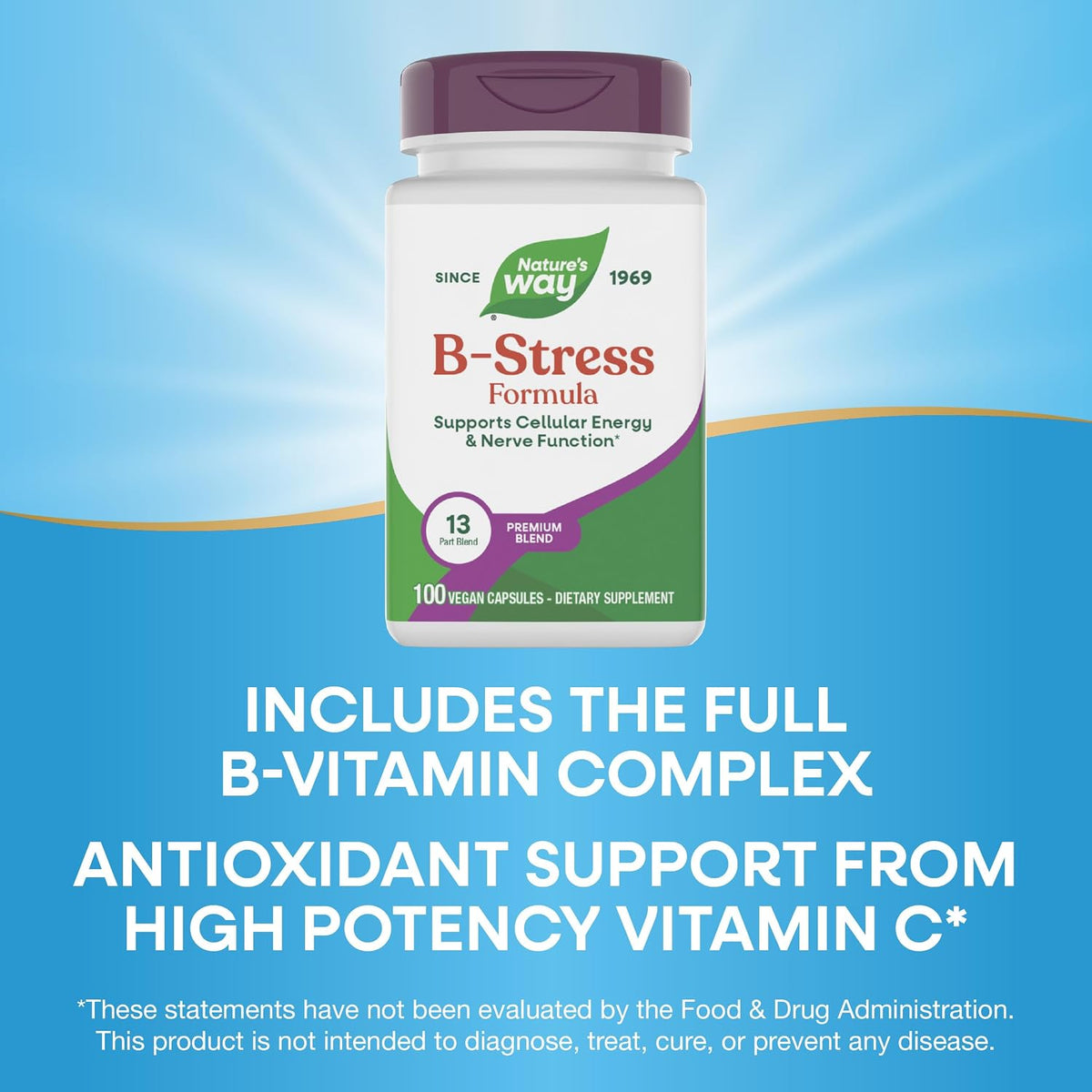 Nature's Way B-Stress Formula, Contributes to Normal Energy-Yielding Metabolism and Nervous System Function, with Vitamin C, B12, B6 & More, Gluten Free, 100 Vegan Capsules - görsel 4
