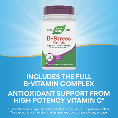 Nature's Way B-Stress Formula, Contributes to Normal Energy-Yielding Metabolism and Nervous System Function, with Vitamin C, B12, B6 & More, Gluten Free, 100 Vegan Capsules
