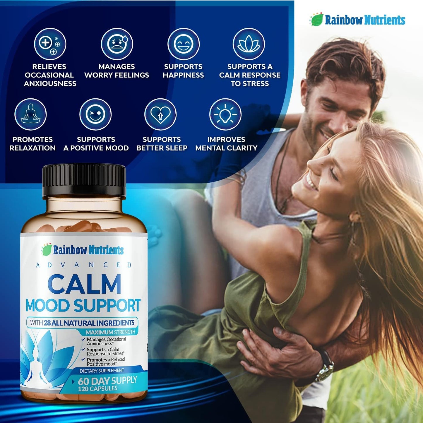 Rainbow Nutrients Calm Mood Support Supplement - 28 in 1 Natural Stress & Anxiety Support with Rhodiola, Ashwagandha, 5-HTP, GABA - 120 Vegan Capsules - görsel 4