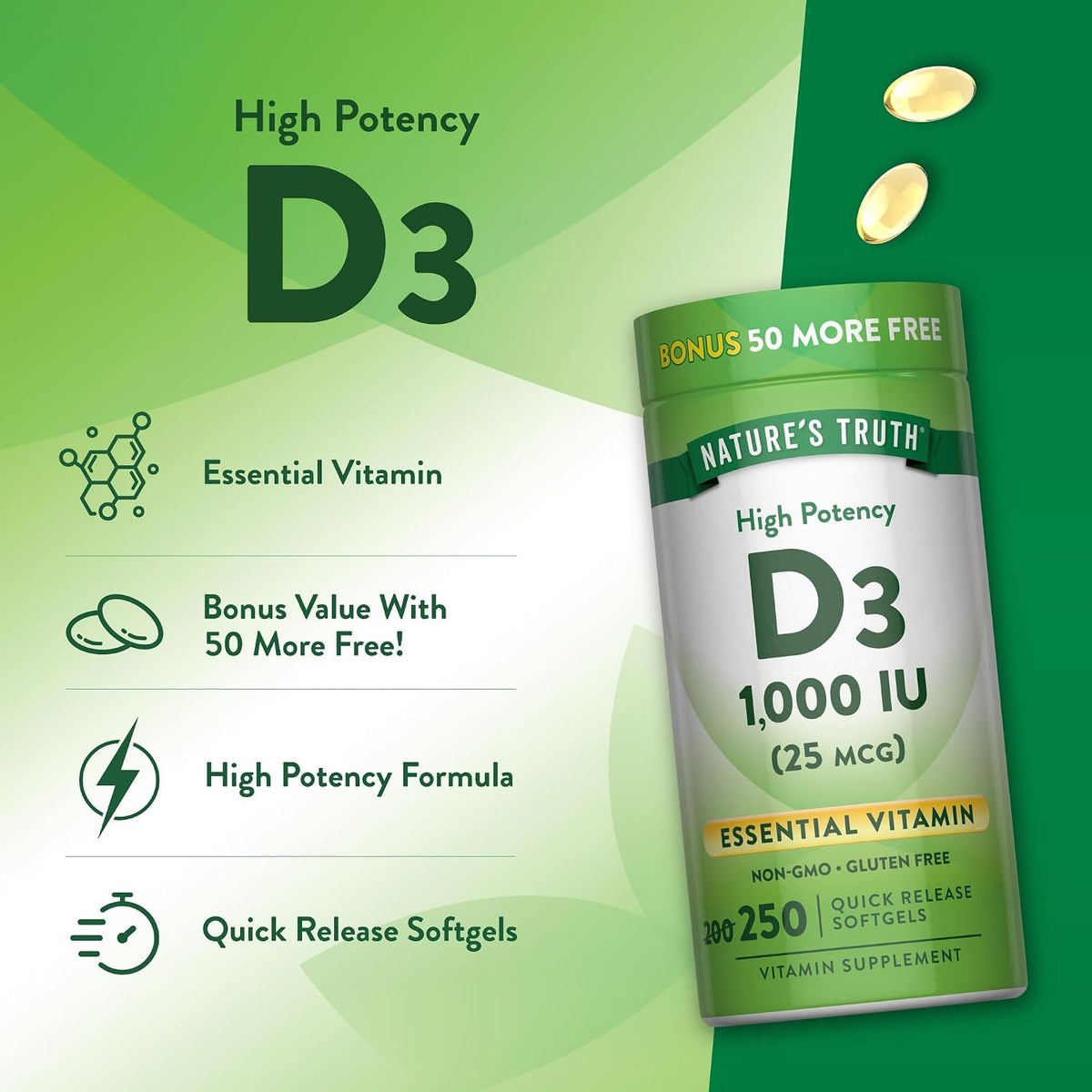 Nature's Truth D3 1000 IU | 250 Softgels | Essential Vitamin D | Non-GMO & Gluten-Free Supplement - görsel 5
