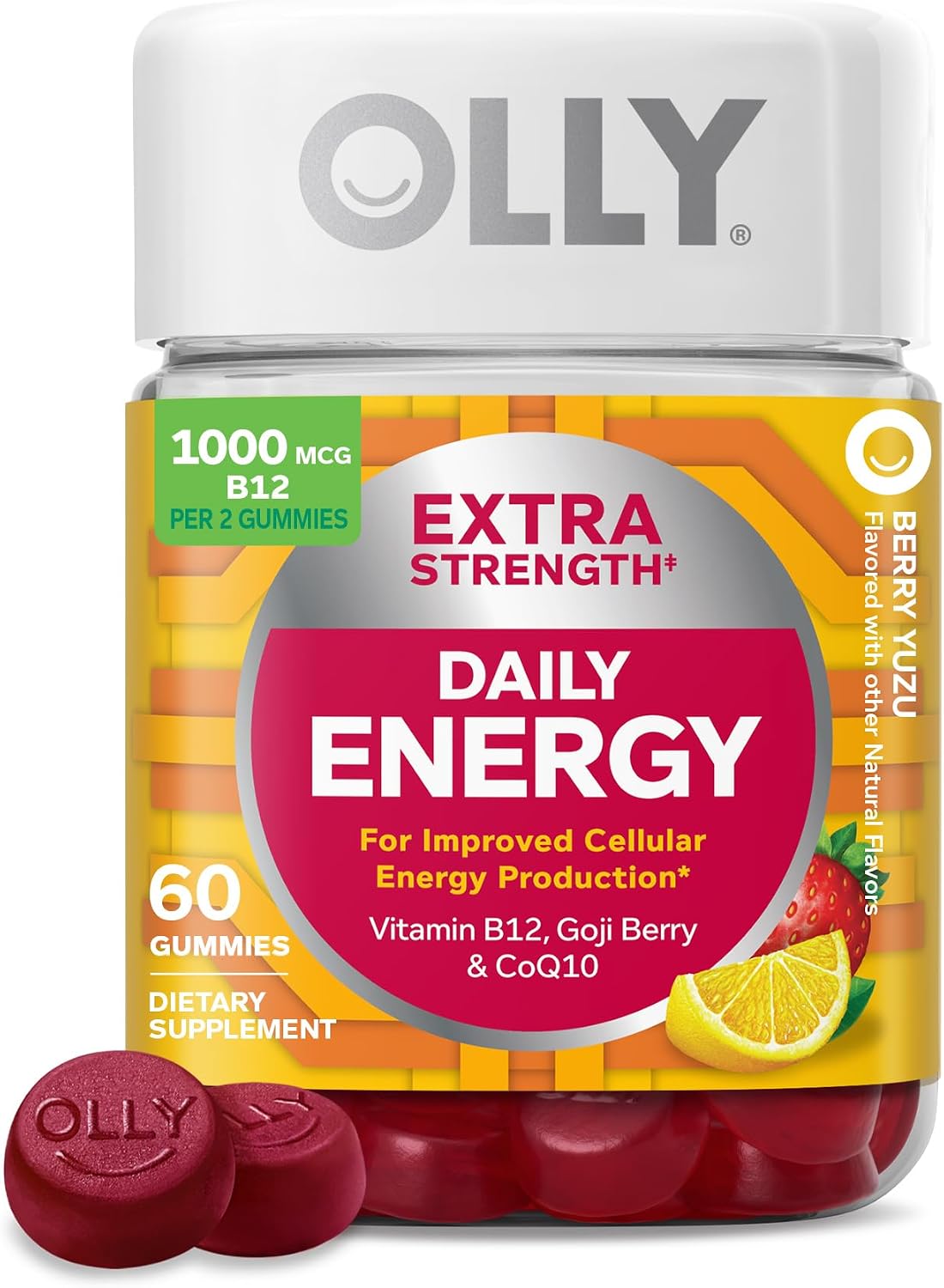 OLLY Extra Strength Daily Energy Gummies - Caffeine Free Cellular Energy Production, 1000 mcg Vitamin B12, CoQ10, Goji Berry, Berry Yuzu Flavoured, 60 Count (30 Day Supply) - görsel 1