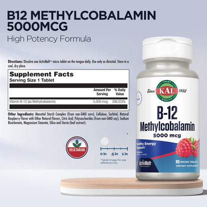 KAL Vitamin B12 Methylcobalamin 5000mcg ActivMelts - Fast Dissolve, Natural Raspberry Flavour, 90 Micro Tabs