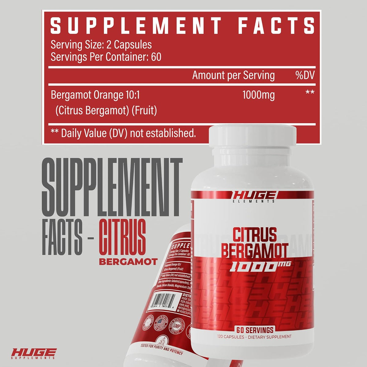 Huge Supplements 100% Pure Citrus Bergamot Extract 10:1 – 1000mg per Serving, 120 Capsules - görsel 4