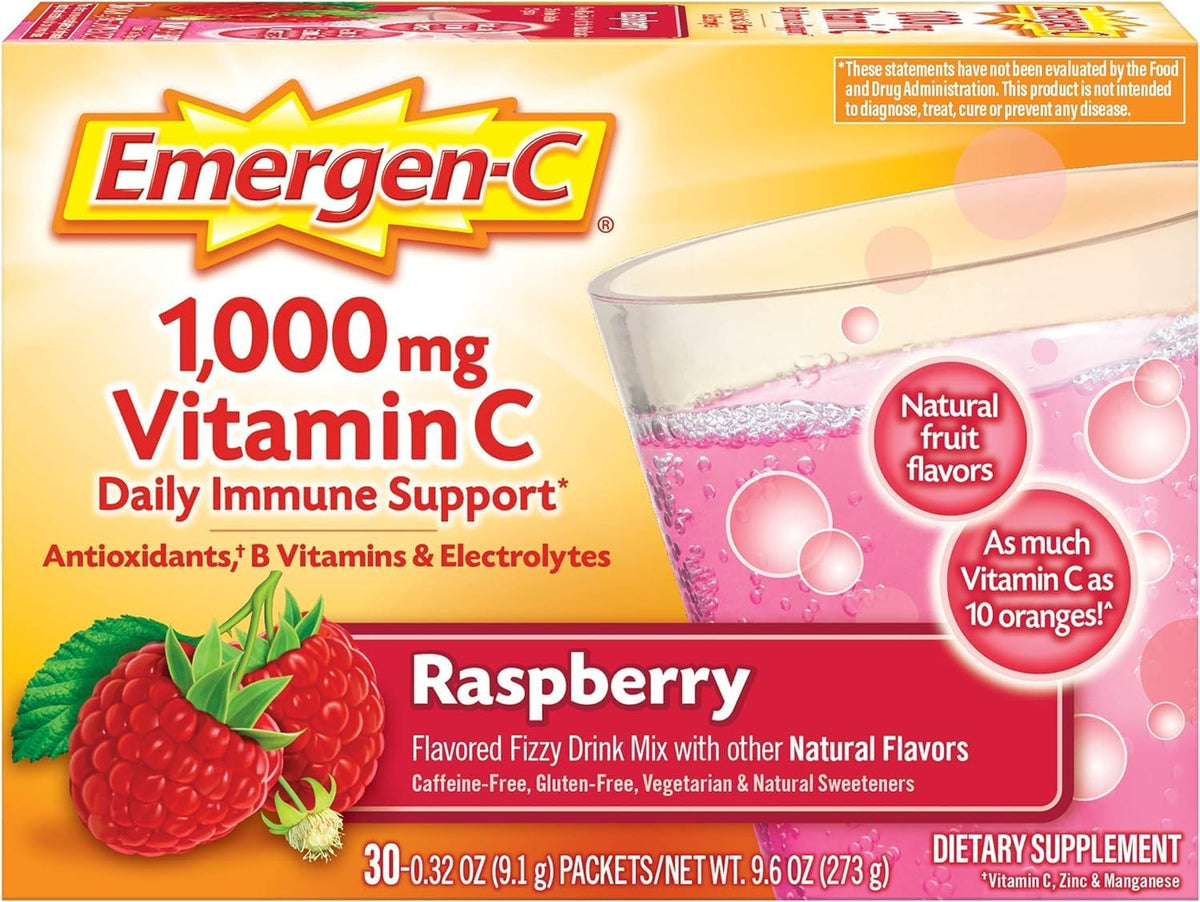 Emergen-C 1000mg Vitamin C Powder, with Antioxidants, B Vitamins and Electrolytes, Immunity Supplement for Immune Support, Caffeine Free Fizzy Drink Mix, Raspberry Flavour, 9g (Pack of 30) - görsel 1