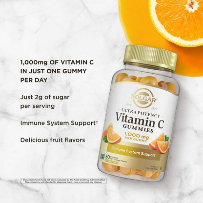 Solgar Vitamin C Gummies for Adults 1,000mg Ultra Potency - Tart Orange Flavour, Vegan & Gluten-Free, 60 Servings