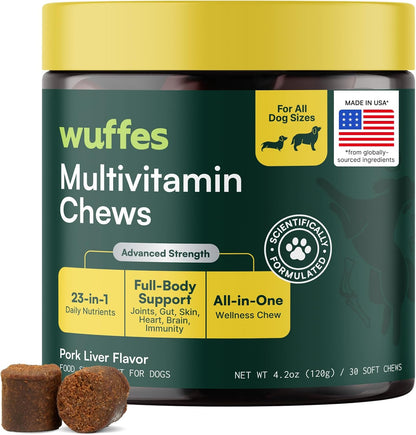 Wuffes 23-in-1 Dog Multivitamin Soft Chews - Skin and Coat, Immune + Gut Health Support with Omega-3, Iron & Zinc for Puppies & Senior Dogs, 60 Count