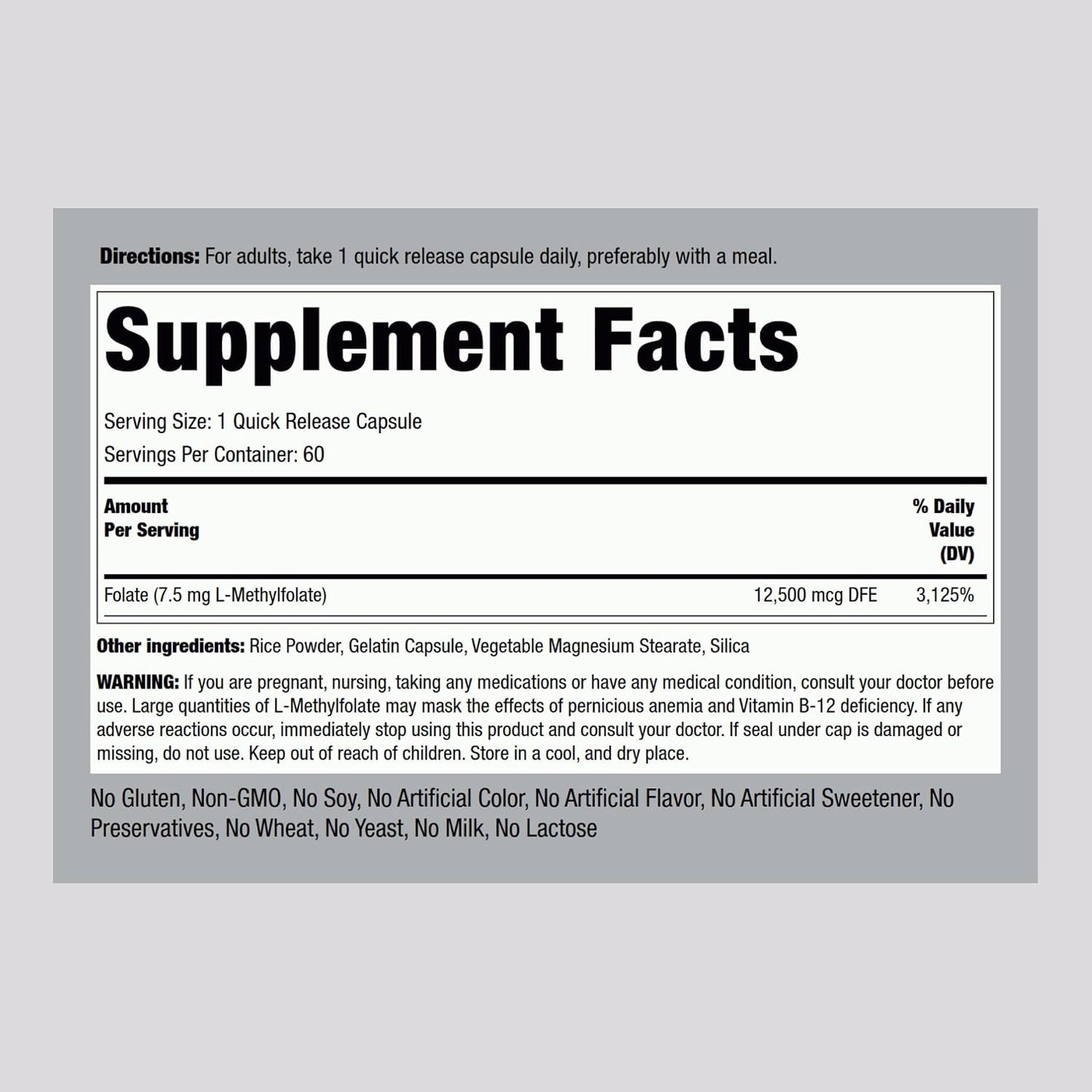 Piping Rock L-Methylfolate 7.5 mg | 60 Capsules | Extra Strength Supplement | Active Folate | Non-GMO, Gluten-free - görsel 2