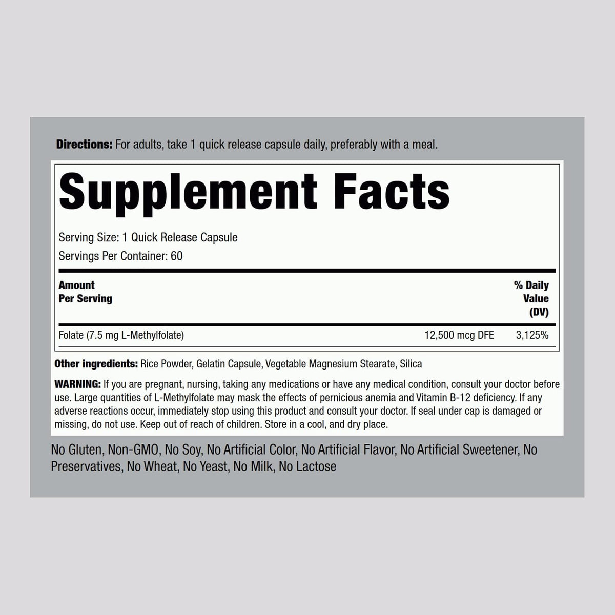Piping Rock L-Methylfolate 7.5 mg | 60 Capsules | Extra Strength Supplement | Active Folate | Non-GMO, Gluten-free - görsel 2
