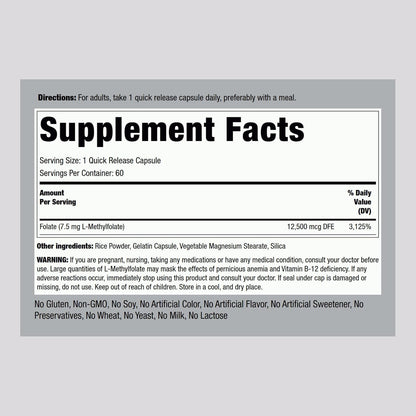 Piping Rock L-Methylfolate 7.5 mg | 60 Capsules | Extra Strength Supplement | Active Folate | Non-GMO, Gluten-free