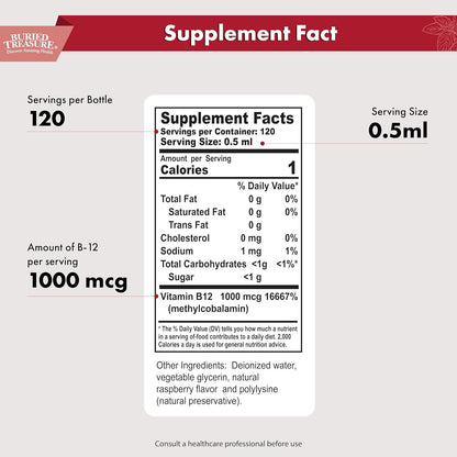 Buried Treasure B12 Drops - 1000mcg Methylcobalamin Sublingual B12, Vegan, 60 ml