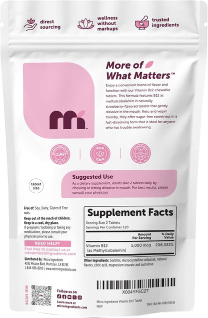 Micro Ingredients Vitamin B12 5,000 mcg | Methylcobalamin – 240 Chewable Tablets | Fast Dissolve, Natural Strawberry Flavour | Vegan, Non-GMO, Gluten-free