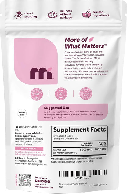Micro Ingredients Vitamin B12 5,000 mcg Methylcobalamin Chewable Tablets - 240 Count, Natural Strawberry Flavour