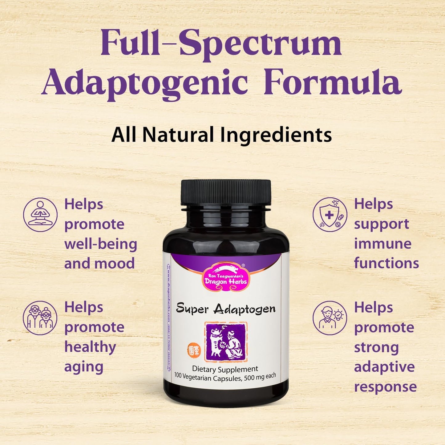 Dragon Herbs Super Adaptogen - All-Natural Adaptogenic Food Supplement, Non-GMO, 100 Capsules - görsel 2