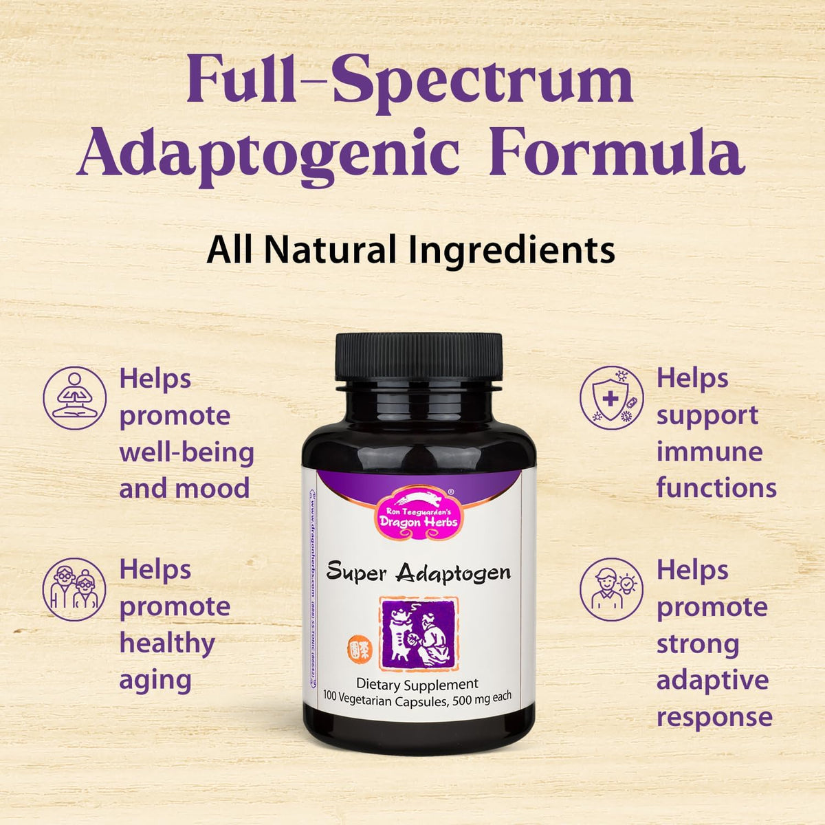Dragon Herbs Super Adaptogen - All-Natural Adaptogenic Food Supplement, Non-GMO, 100 Capsules - görsel 2