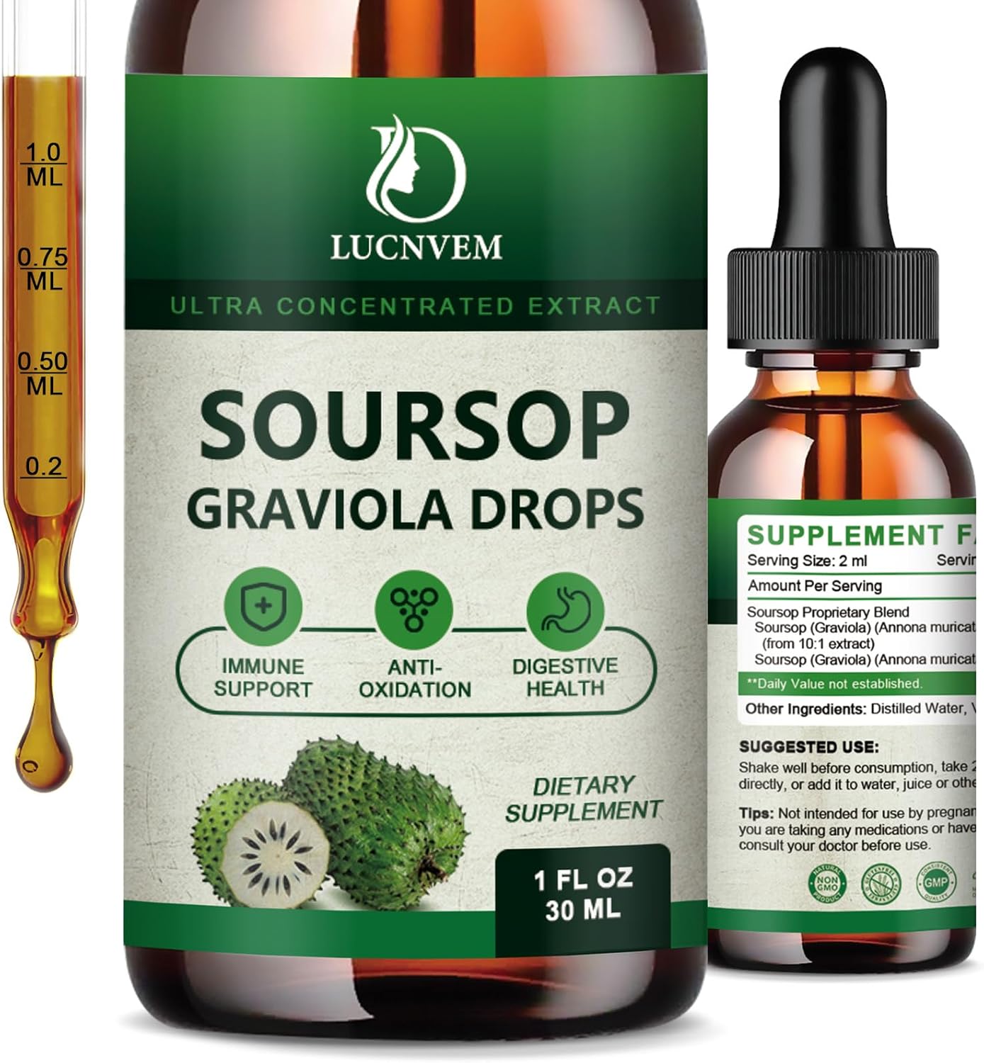 Soursop Graviola Liquid Drops 2000mg - Organic Pure Extract, Antioxidant & Immune Support, 30ml - görsel 1