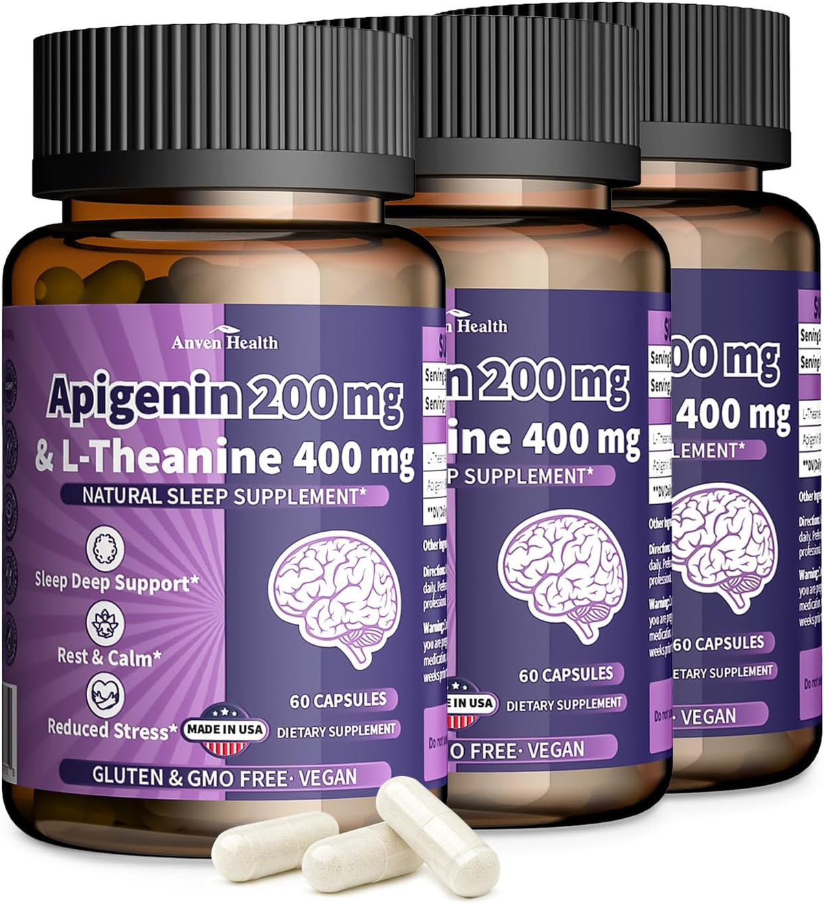Anven Health L-Theanine 400mg with Apigenin 200mg – Natural Relaxation & Sleep Support – 180 Veggie Capsules - görsel 1