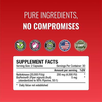 Approved Science Nattokinase - 4,000 FU - 200 mg - Free from Vitamin K2 - Contains BioPerine - One Month Supply - Vegan, Non-GMO - 360 Capsules