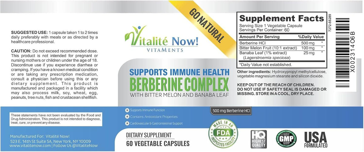 Vitalité Now! High Strength Berberine 500mg with Bitter Melon and Banaba - 60 Vegetarian Capsules - görsel 5