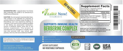 Vitalité Now! High Strength Berberine 500mg with Bitter Melon and Banaba - 60 Vegetarian Capsules