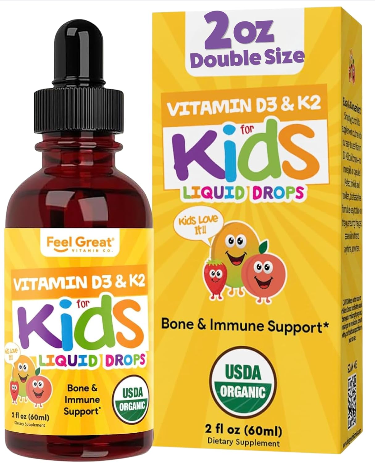 Feel Great USDA Organic Liquid Vitamin D Drops for Infants & Toddlers with K2, 2 oz - görsel 1