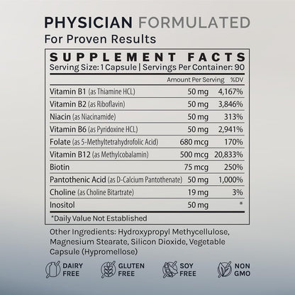 InfiniWell Methylated B Complex - High-Potency Active B Vitamins with 5-MTHF, Methylcobalamin & Pyridoxal-5-Phosphate - 90 Capsules