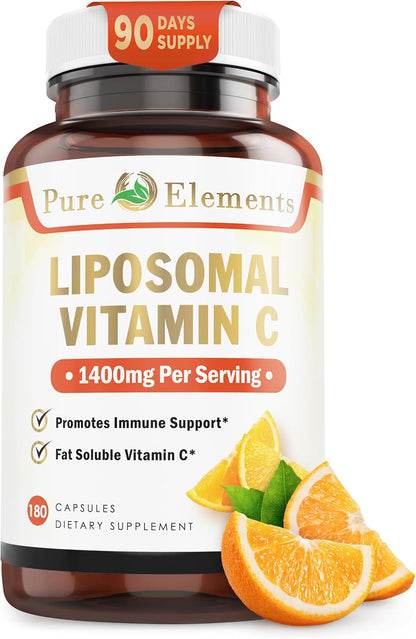 Pure O Elements Vitamin C Liposomal Supplement Capsules 180 Count – High Absorption Ascorbic Acid, Non-GMO, Soya-free, Gluten-free