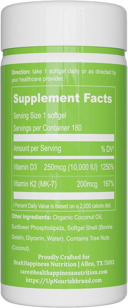 UpNourish Liposomal D3 K2 Vitamin 10000 IU D3 and K2 MK-7 200 mcg - 180 Mini Soft gel capsules