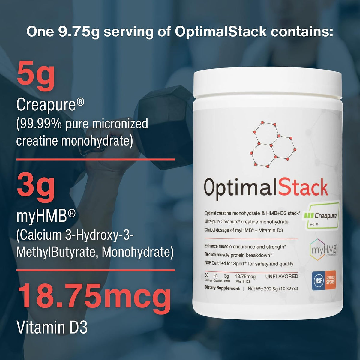 OptimalStack Creatine Monohydrate, HMB & Vitamin D3 Stack | NSF Certified | Unflavoured, 30 Servings - görsel 6