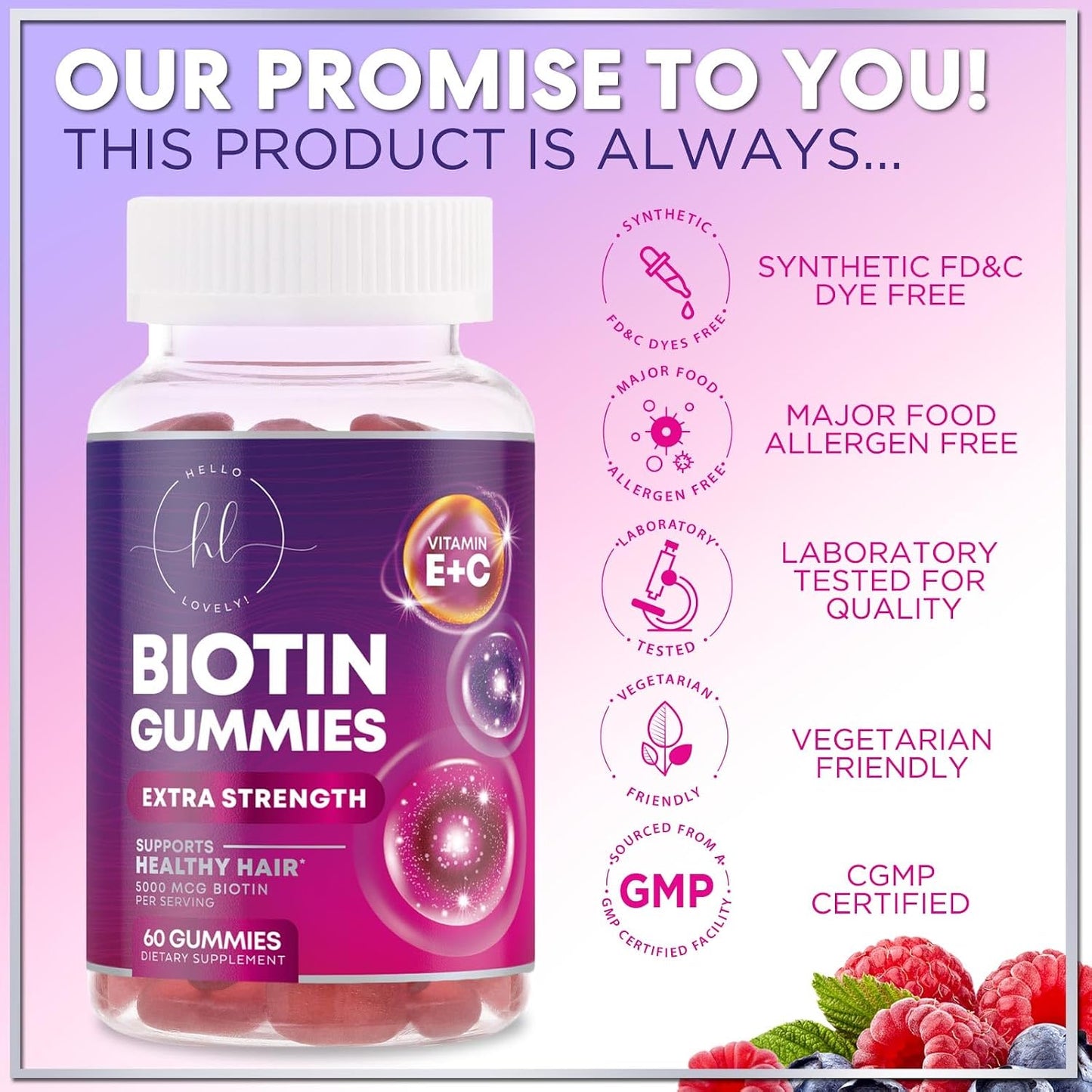 Hello Lovely Hair Vitamins Gummies – Biotin 5000 mcg with Vitamins E and C for Hair, Skin and Nails – 60 Gummies - görsel 4