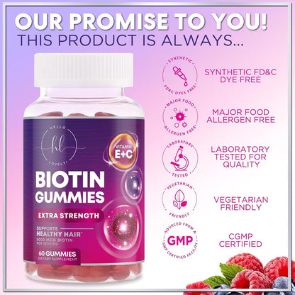 Hello Lovely Hair Vitamins Gummies – Biotin 5000 mcg with Vitamins E and C for Hair, Skin and Nails – 60 Gummies