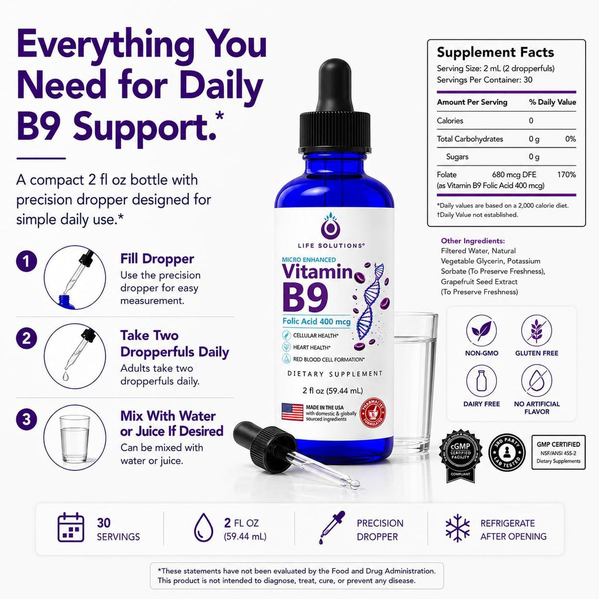 Life Solutions Vitamin B9 Liquid Drops, Folic Acid 400 mcg, 60 ml - görsel 7
