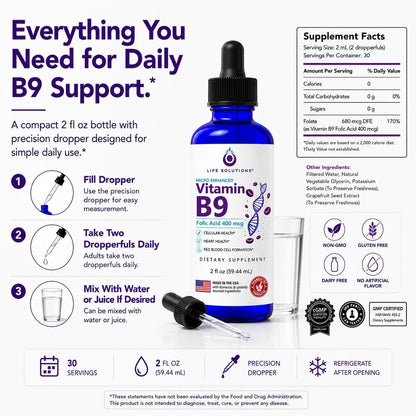 Life Solutions Vitamin B9 Liquid Drops, Folic Acid 400 mcg, 60 ml