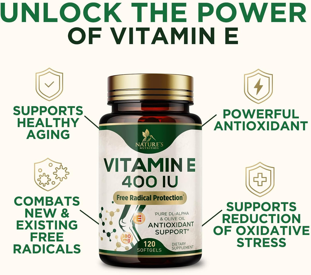 Vitamin E 180mg Per Serving – dl-Alpha Tocopherol Antioxidant Supplement, Non-GMO & Gluten-free – 120 Soft gel capsules - görsel 7
